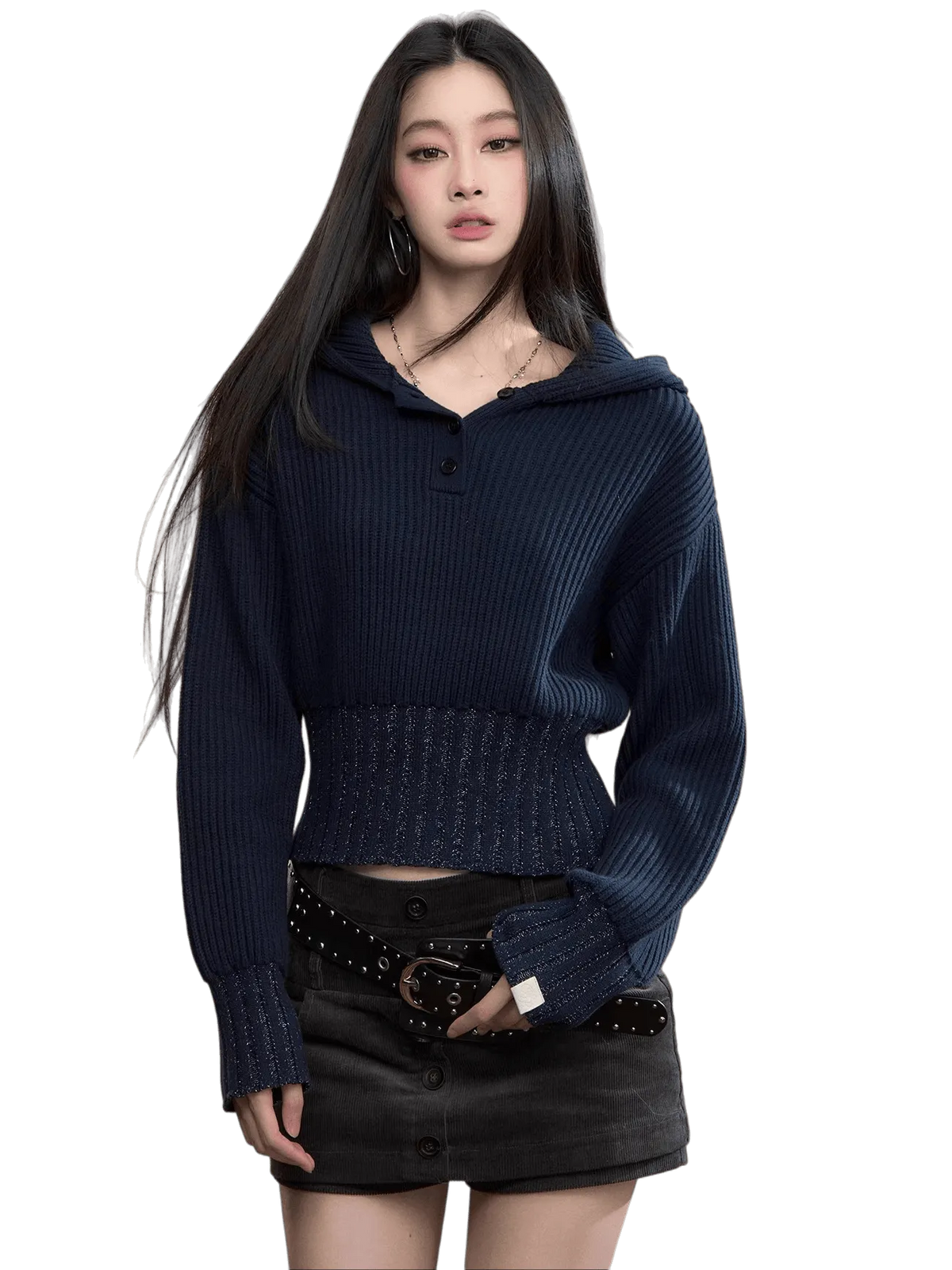 Ribbed Hooded Knit Pullover Sweater