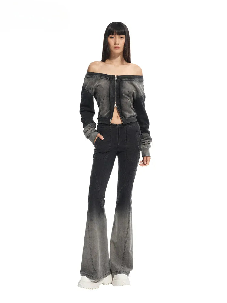 Washed Slim-Fit One-Shoulder Zip-up Sweatshirt