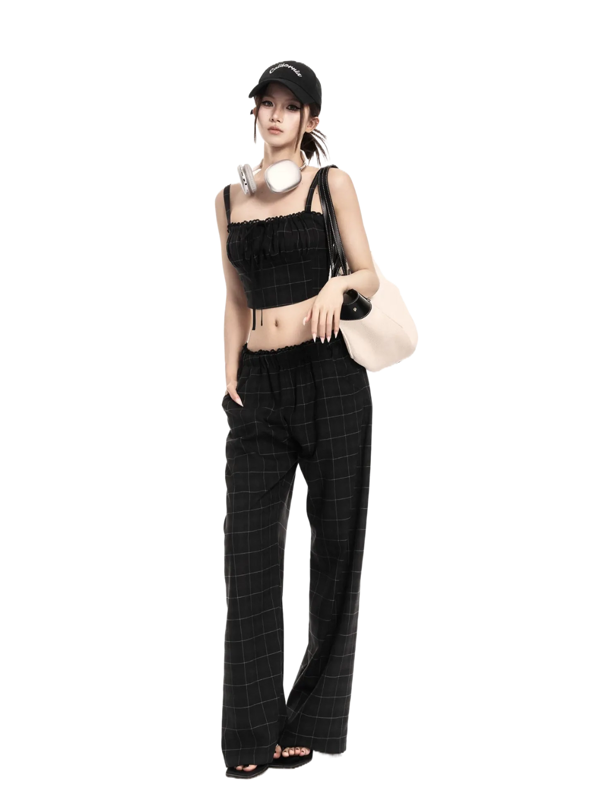 Refined Checkered Camisole & Relaxed Wide-Leg Trousers Set