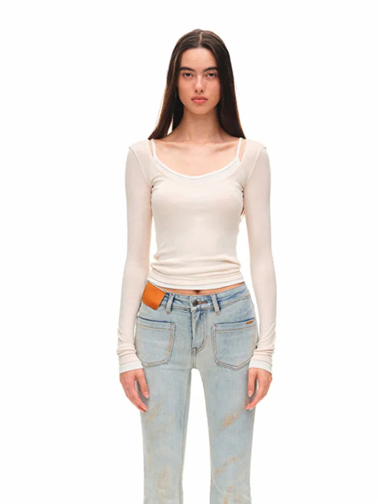 Color-block Two-piece Integrated Strap Layered T-shirt