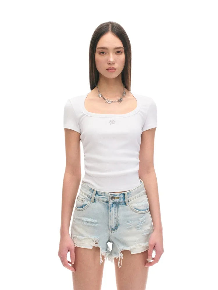 Ice Silk Ribbed Waist Cinching Round Corner T-Shirt