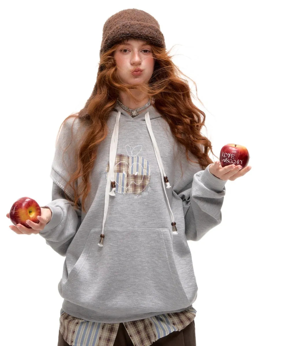 Fake Two-piece Apple Appliqué Layered Hoodie