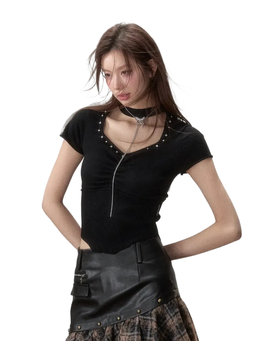 Choker Collar Rhinestone Cinched Waist T-Shirt