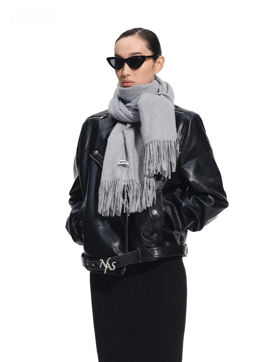 "Dejembe Series"Satin-Finish PU Leather Moto Jacket