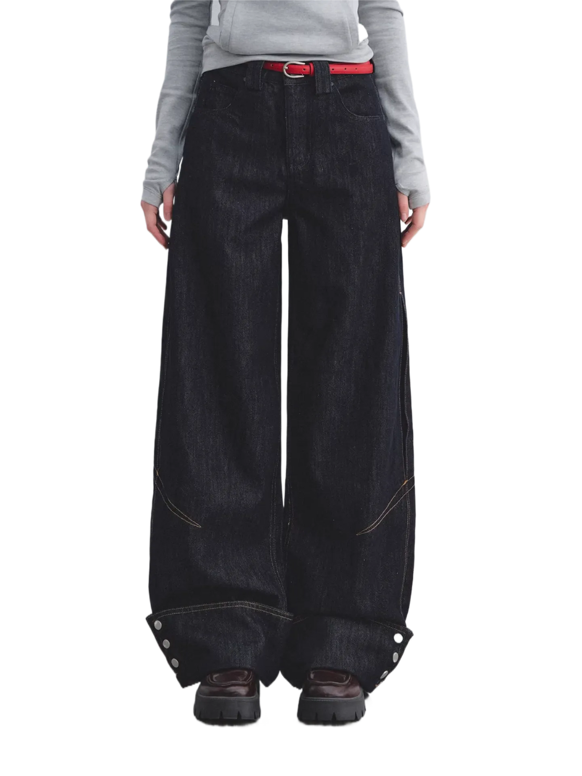 Lyocell Red Waistband Turn-Up Button Hem Straight Wide-Leg Denim Jeans