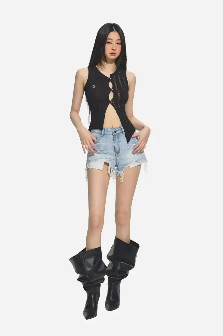 Blue Irregular Distressed Denim Shorts