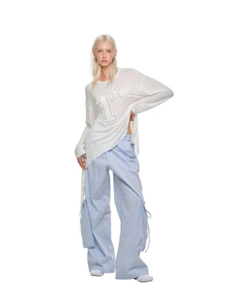 Blue & White Wide-Leg Utility Pants