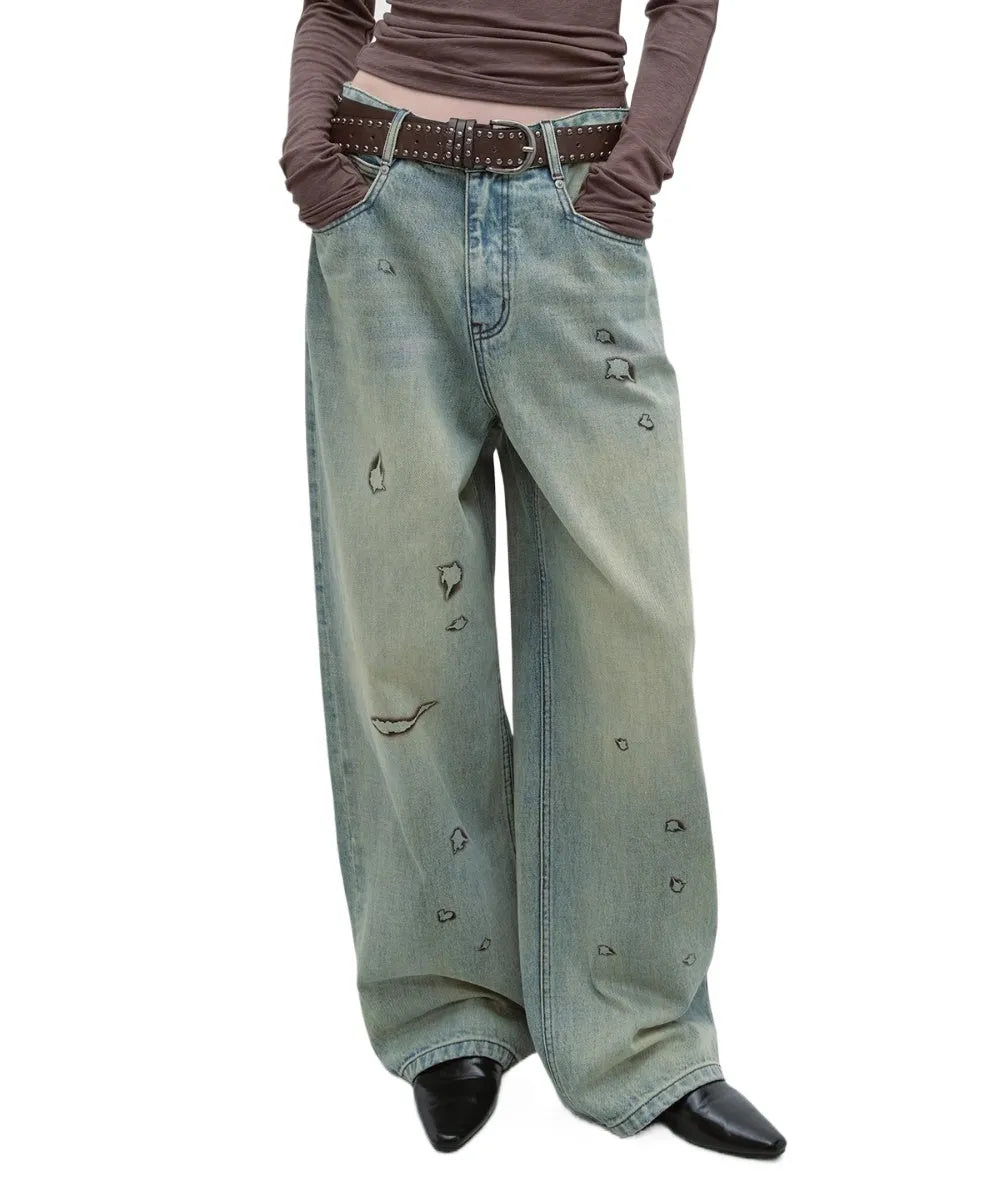 Vintage Burnt-Edge Printed Washed Denim Pants