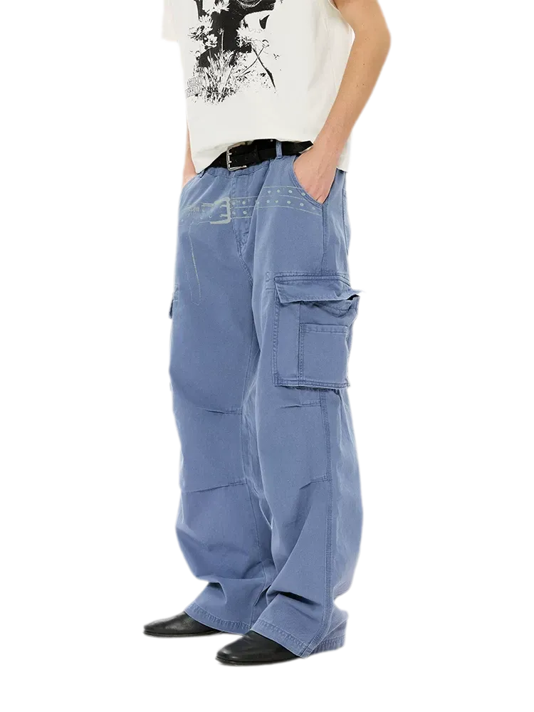 Washed Distressed Wide-Leg Cargo Pants