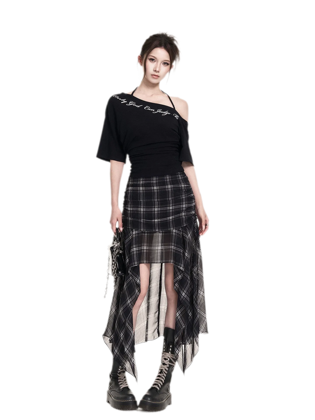 Plaid Asymmetric Midi Skirt