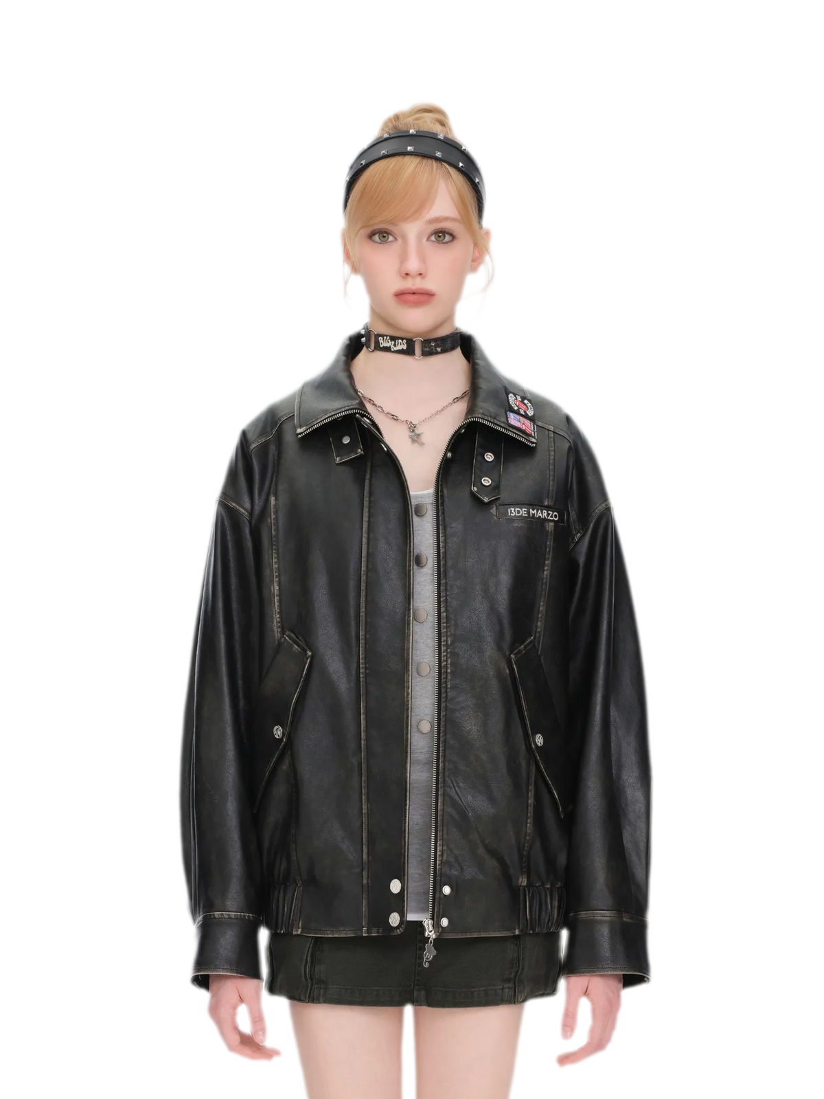 Distressed Bear Faux Leather Jacket