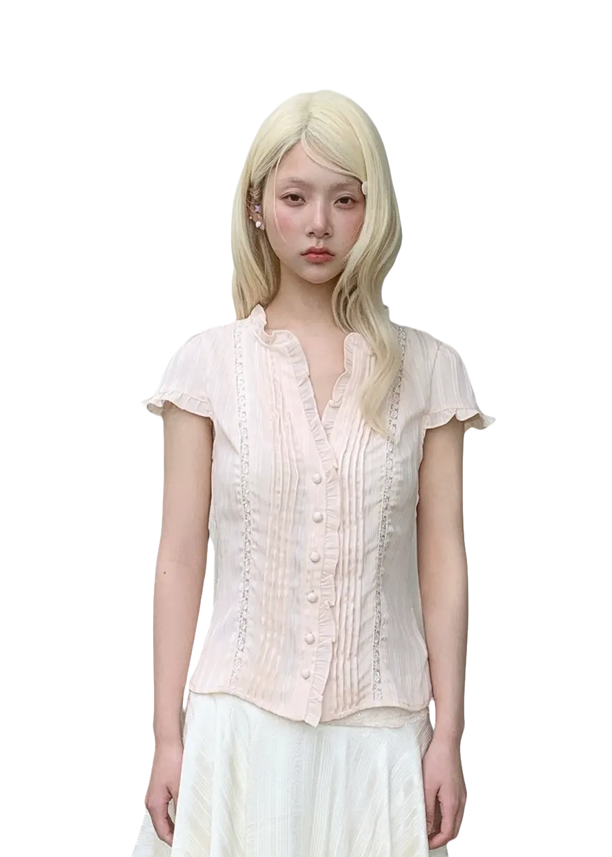 Ruffle Lace Waist-Trim Short Sleeve Shirt