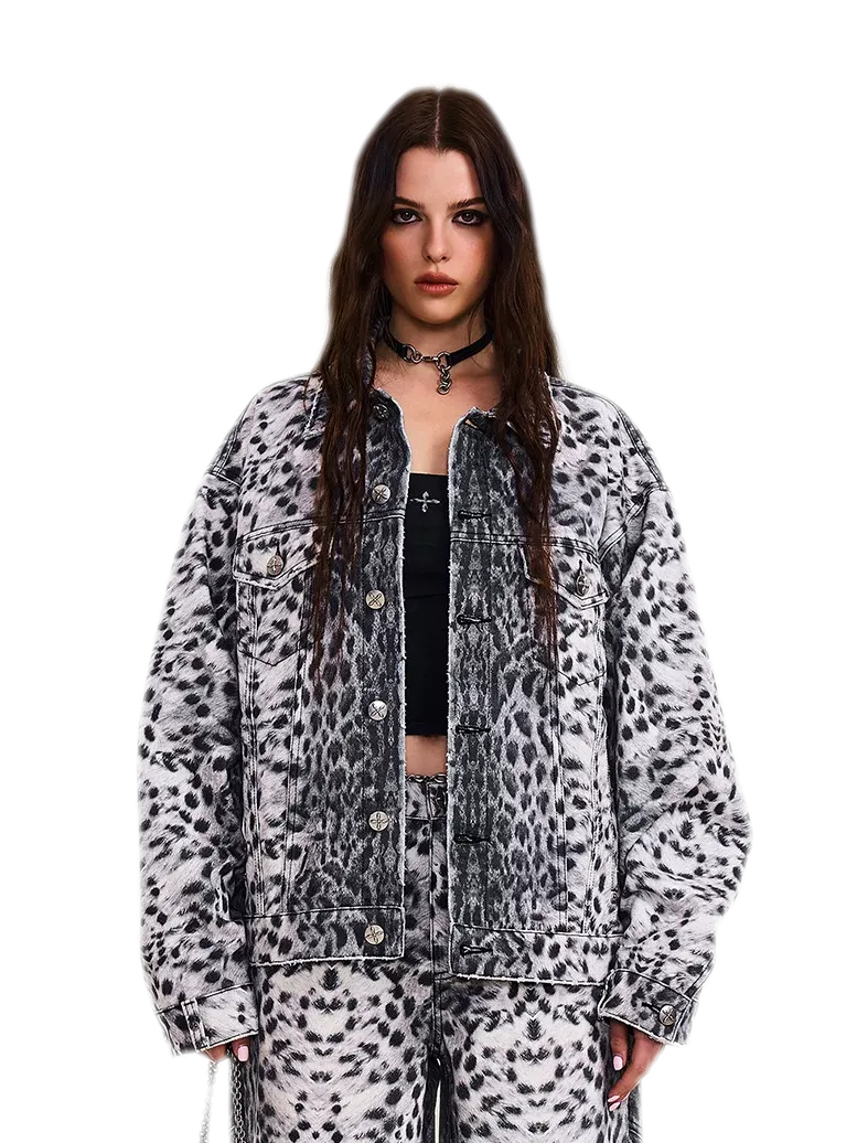 Cross Statue Leopard Camo Denim Jacket