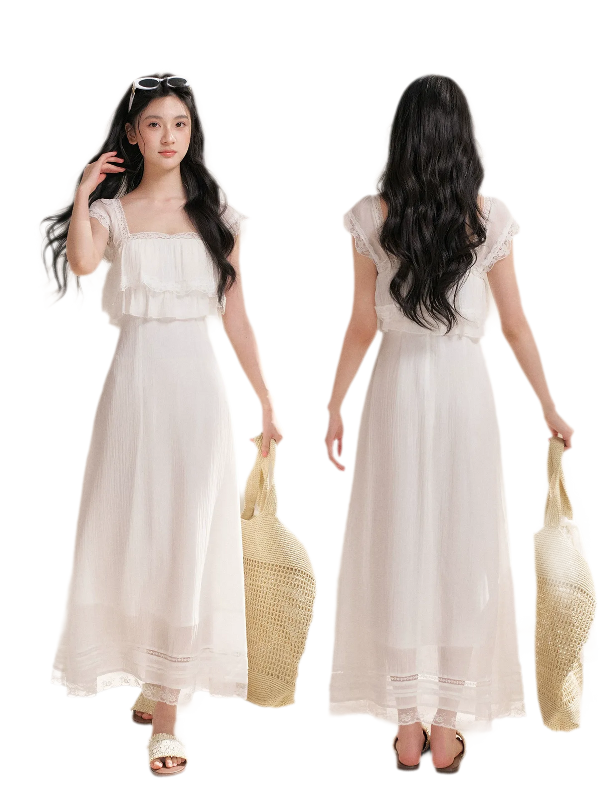 Lace Ruffle Waist Long Dress