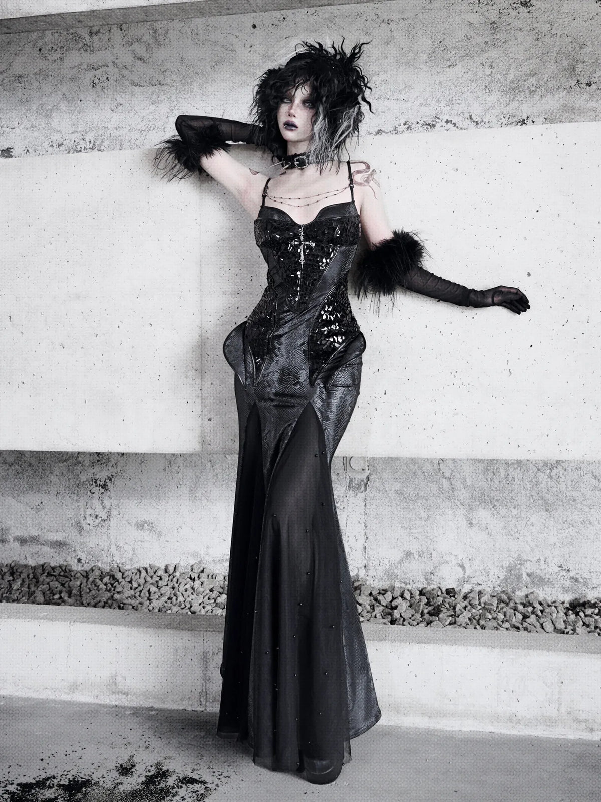 Snake-Pattern Fishtail Gothic Dress