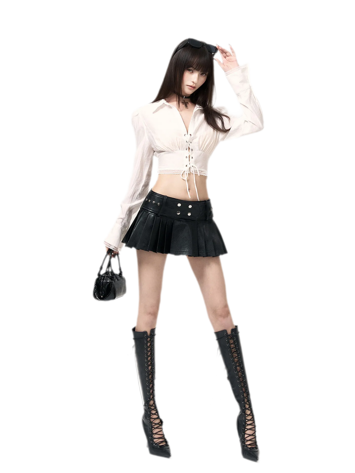 Pleated Low-Waist Leather Mini Skirt