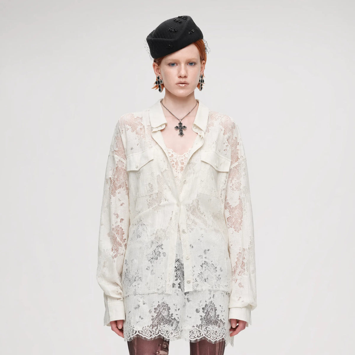 Lace Oversized Tie Shirt